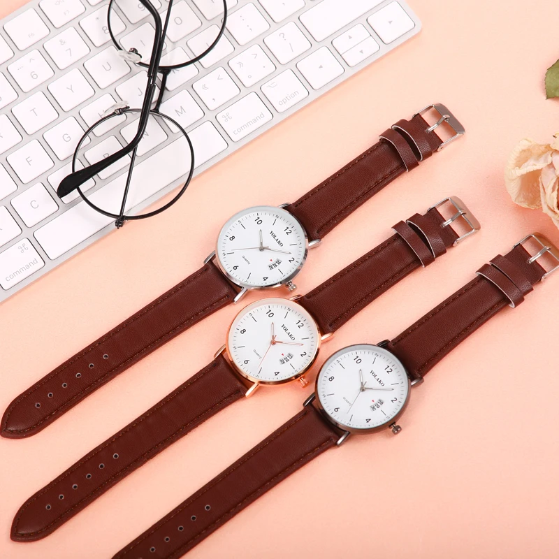 Повседневные Простые Женские часы розовое золото кожаный ремешок кварцевые