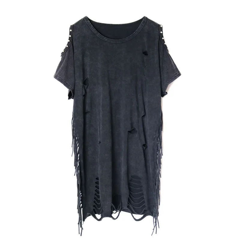 black WLD1087 XITAO, футболка с дырками размера плюс, женская, с кисточками, с открытыми плечами, топ в стиле панк, модная одежда с круглым вырезом, новинка, пуловер WLD1087 - Цвет: black WLD1087
