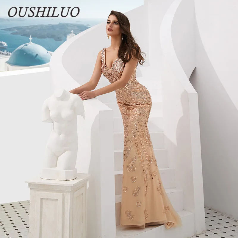 Роскошное вечернее платье русалки с золотыми кристаллами 2019 сексуальное длинное