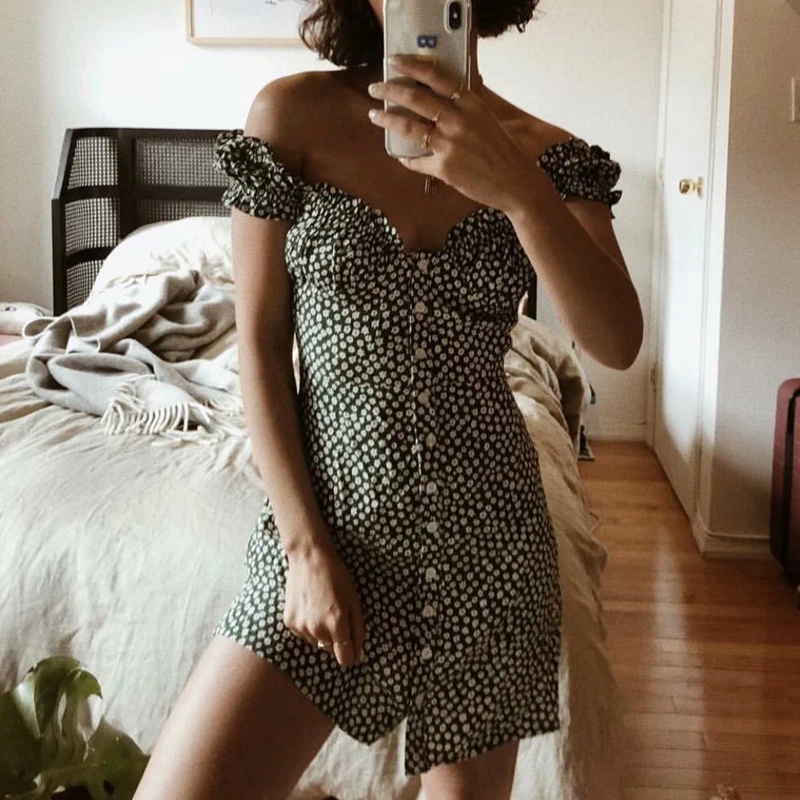 Short dress Летнее Сексуальное Женское Платье boho kawaii винтажное зеленое цветочное повседневное мини-платье Элегантное корейское модное пляжное платье vestidos - Цвет: Short dress