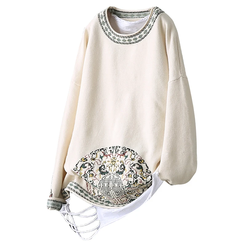 Spring Autumn Retro Women Loose Knitting Tops New O-Neck Long-sleeved Print Blended Casual Ladies Sweater 2019 | Женская одежда