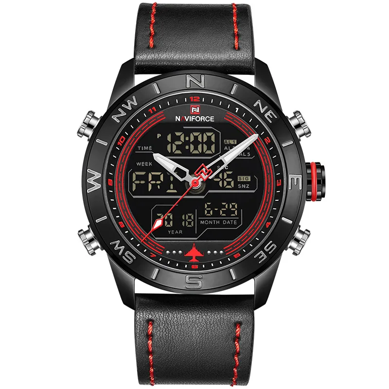 Black Red NAVIFORCE Роскошные Брендовые мужские модные спортивные часы мужские кварцевые аналоговые цифровые часы кожаные армейские военные часы Relogio Masculino - Цвет: Black Red