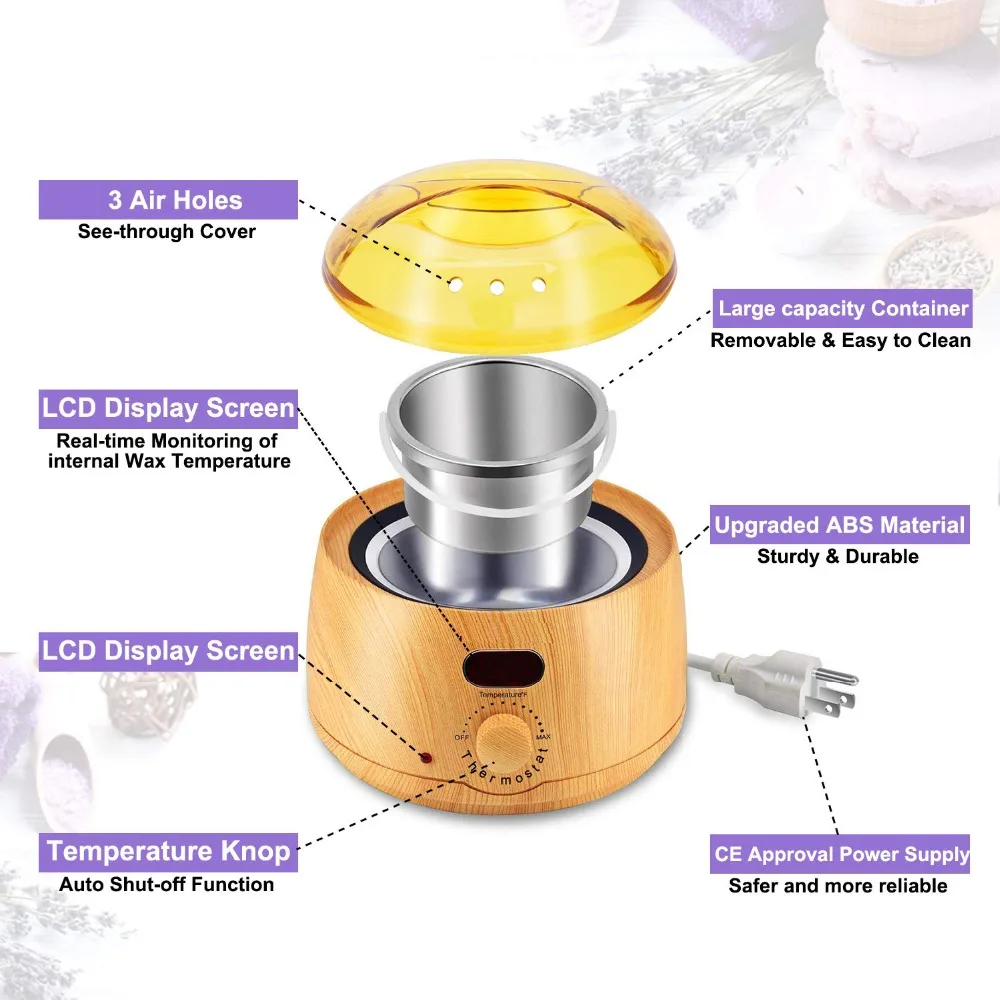 Wax Warmer Wooden Electric Paraffin Wax Heater Pot Hair Removal Waxing Kit with LCD Display 4 Flavor Wax Beans Home Salon Spa