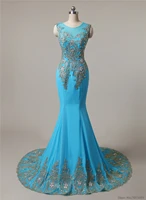 sexy mermaid long evening dresses 2019 blue with gold lace appliques beads wedding party gown long prom gown