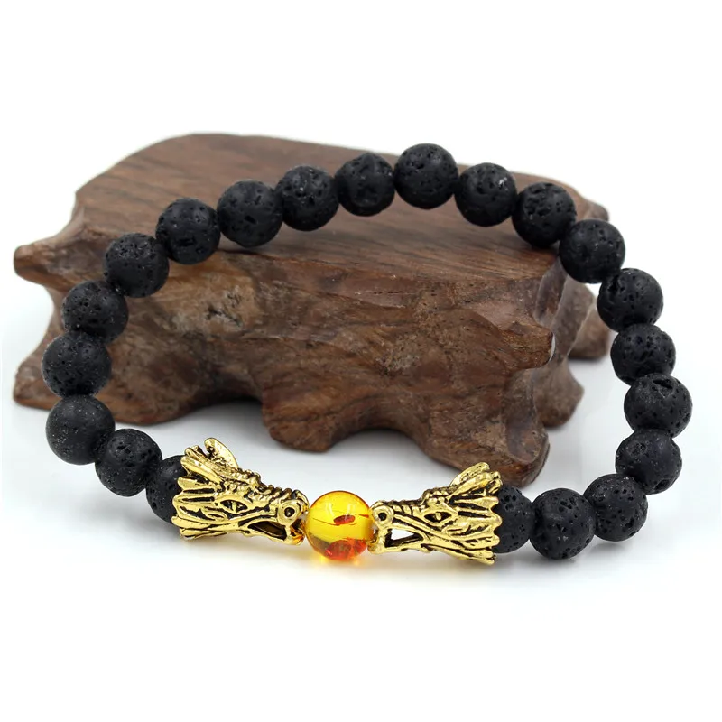 ZJ2322AG Натуральный черный браслет из лавы и белого камня Howlite Pulseira Masculina мужские ювелирные изделия Будда дракон браслет из бисера для женщин - Окраска металла: ZJ2322AG