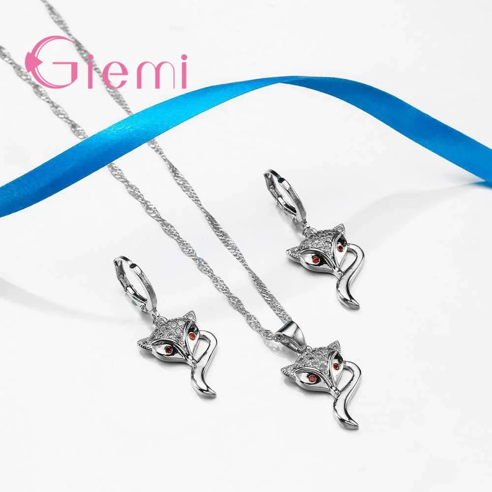 Комплект из колье и серёг серебра 925 пробы с подвеской в виде лисы|wedding jewelry|earrings