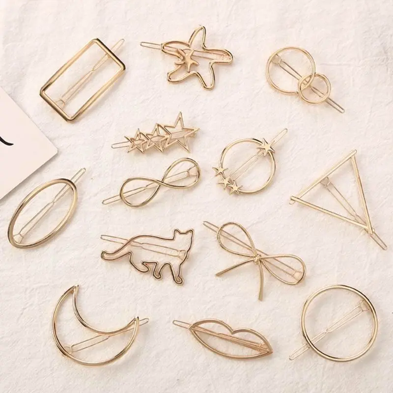 13 Styles Women Metal Alloy Minimalist Hair Clip Hollow Geometric Triangle Bowknot Lips Shape Hairpins Ponytail Holder Clamp |