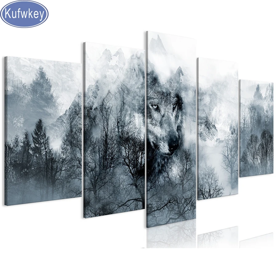 

5 panel set Diamond painting Multi-pictures Combination"mountain wolf"full Square/round cross stitch Mosaic,Diamond Embroidery