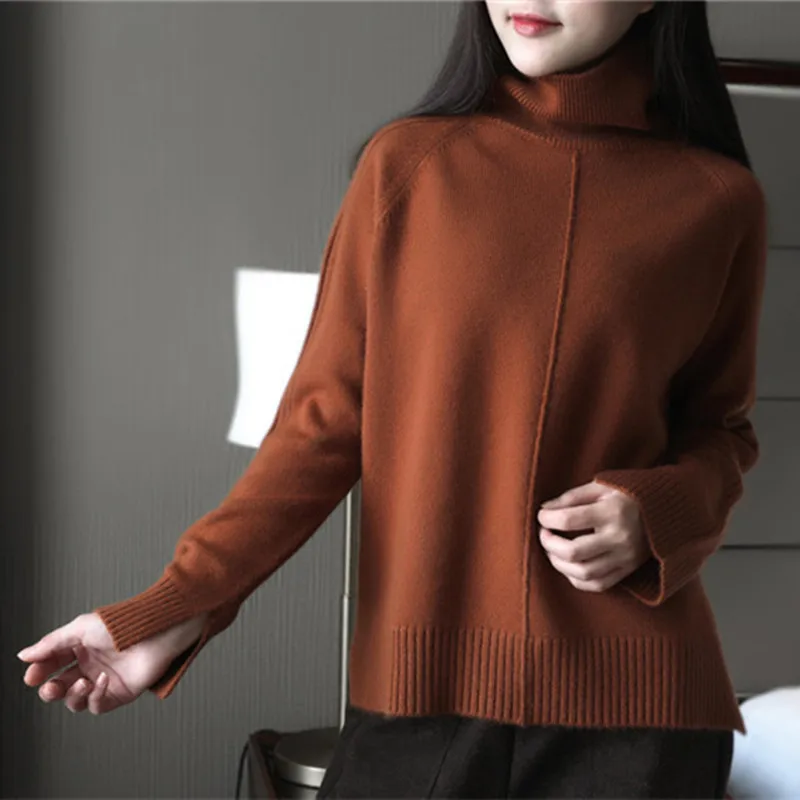 100%goat cashmere knit women pullover sweater front long back short high collar loose languid casual caramel 6color S/M/L | Женская