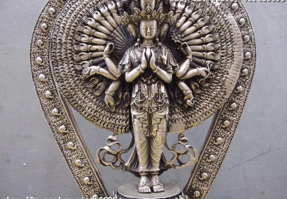 Тибетская белая медная серебряная статуя 11-faced Avalokitesvara Guan Yin Kwan-yin | Дом и сад