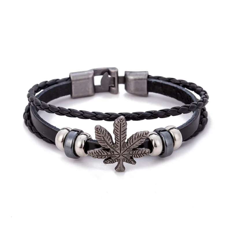 Браслет черный 3 нити веревка ручной работы кожаный браслет Дружба лист травы