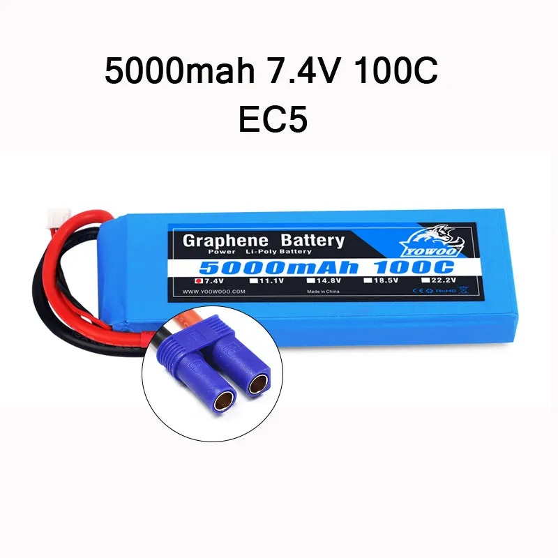 RC графеновая батарея Lipo 2S 7,4 V 3S 11,1 V 4S 14,8 5S 18,5 V 6S 22,2 V 5000mAh 100C XT60 XT90 для радиоуправляемого автомобиля вертолета - Цвет: 2S 5000mah 100C EC5