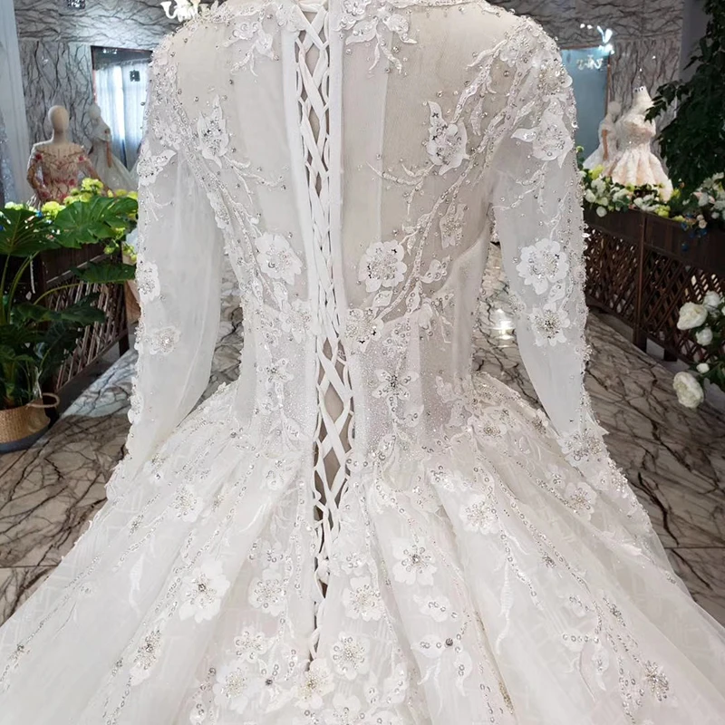 Musim Wedding Dress with long sleeve o-neck lace up back like white bridal dress gown brush train abiti da sposa 2020 HTL298 | Свадьбы и