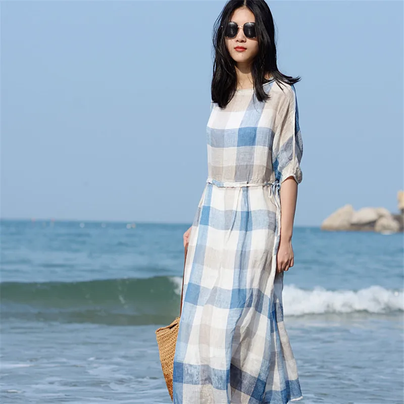 SCUWLINEN 2019 женское летнее платье классическое в клетку на завязках с коротким