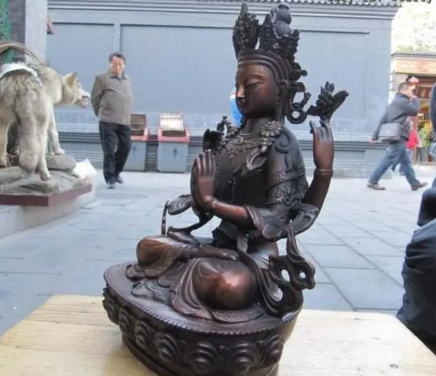 12 &quotкитайский красный Бронзовый Четыре Руки Кван-Инь Бодхисаттва Статуя Будды |