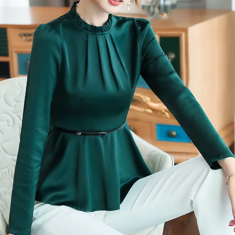 Новый стенд воротник мода тонкий для женщин блузка OL с длинным рукавом Drak зеленый