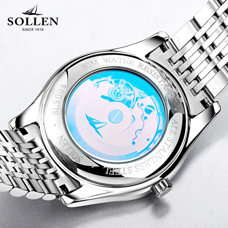 Relogios Masculino SOLLEN Роскошные брендовые календарь механические часы мужские черные