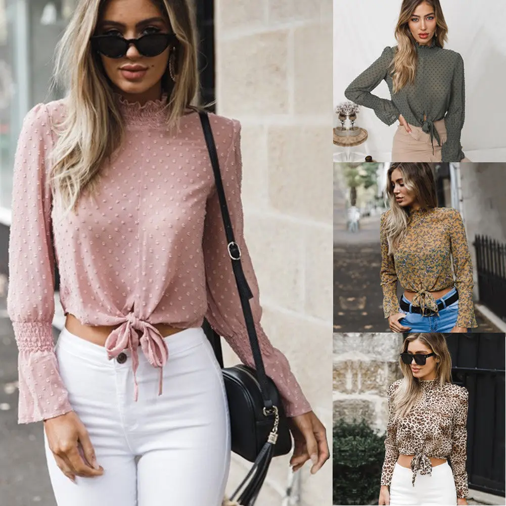 

Fashion Womens Long Sleeve Chiffon Blouse Turtle neck womens see-through chiffon blouses Sexy female Lace up Shirts crop Top