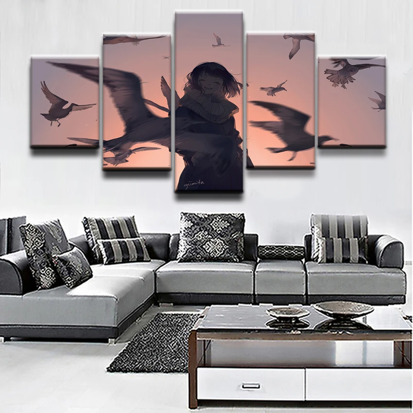 

Wall Art Pictures Canvas Print 5 Panel Anime Original Poster Bird and the Girl Painting Home Decor Living Room Modern Artwork