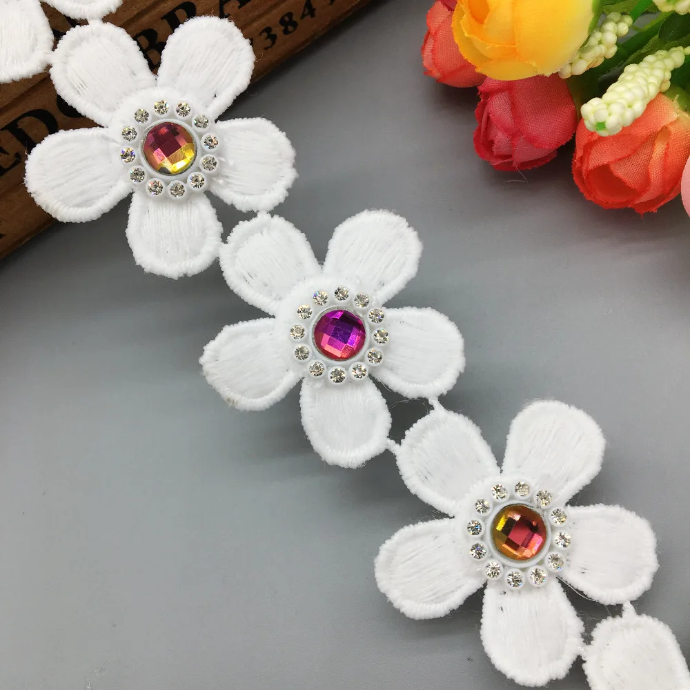 2Yd Variable Color Rhinestone Flowers Lace Trim Indian Style Trimmings Child Dress Applique Clothes Sewing Crafts Hat Decoration