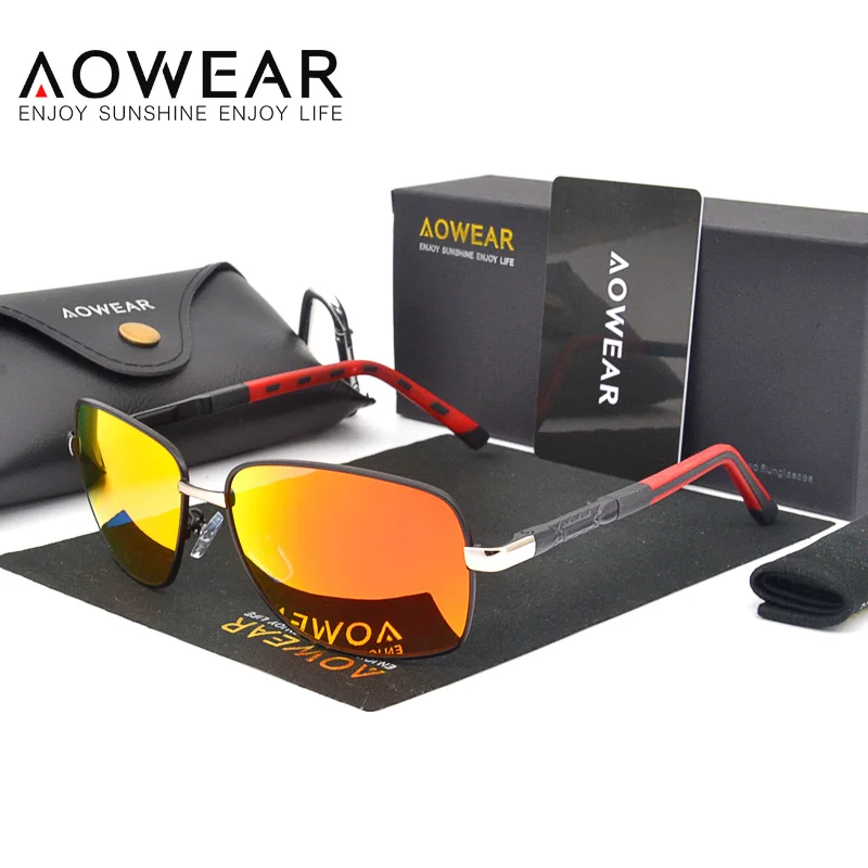 AOWEAR, солнцезащитные очки для вождения, мужские, поляризационные, голубое покрытие, зеркальные, для вождения, солнцезащитные очки, Роскошные, UV400, оттенки, для улицы, очки, мужские - Цвет линз: C1 Red Red