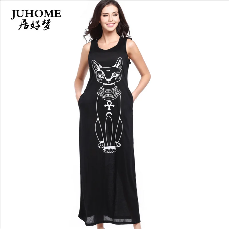 Женское длинное платье чехол свободное большого размера в пол с принтом кота