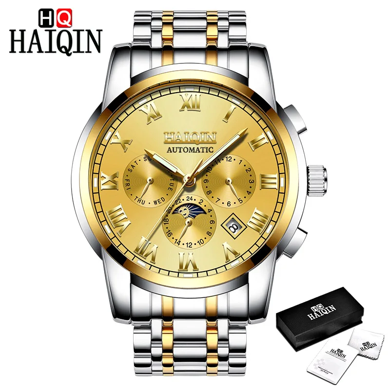 Silver-Gold S HAIQIN мужские часы, мужские часы, новые механические мужские часы, роскошные черные модные спортивные часы, водонепроницаемые военные мужские часы - Цвет: Silver-Gold S