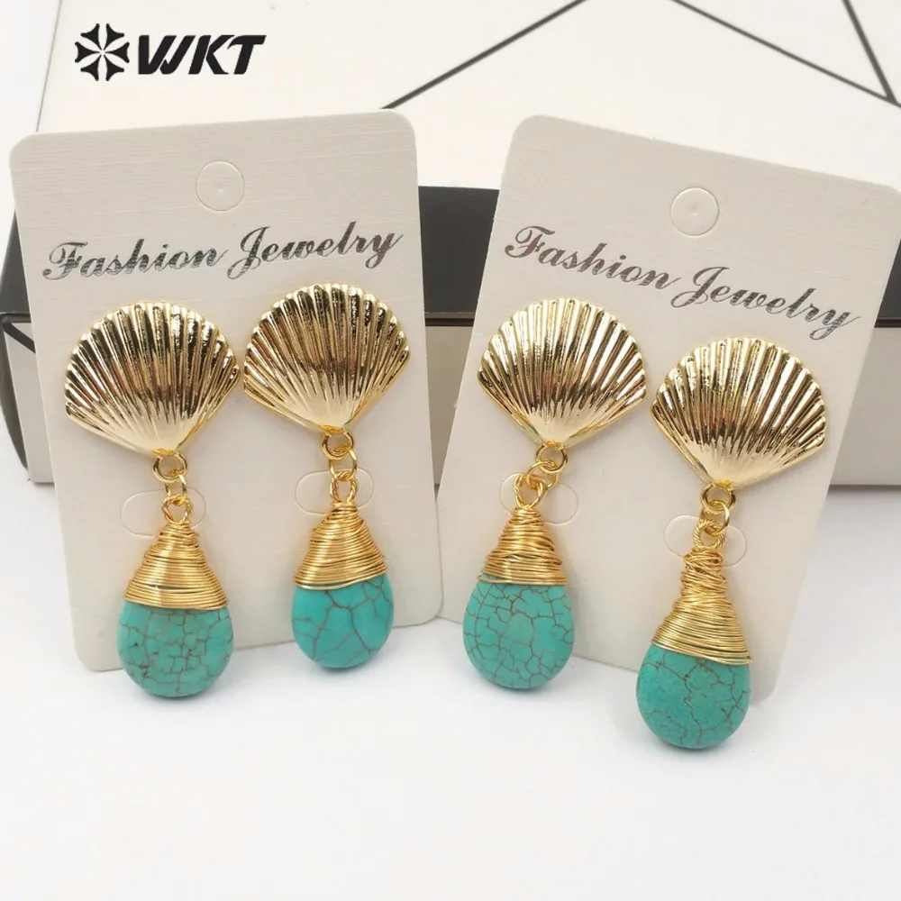 

Серьги WT-E509 WKT из натурального зеленого камня в форме капли воды, маленькие и милые серьги из медной проволоки с золотом и зубцами