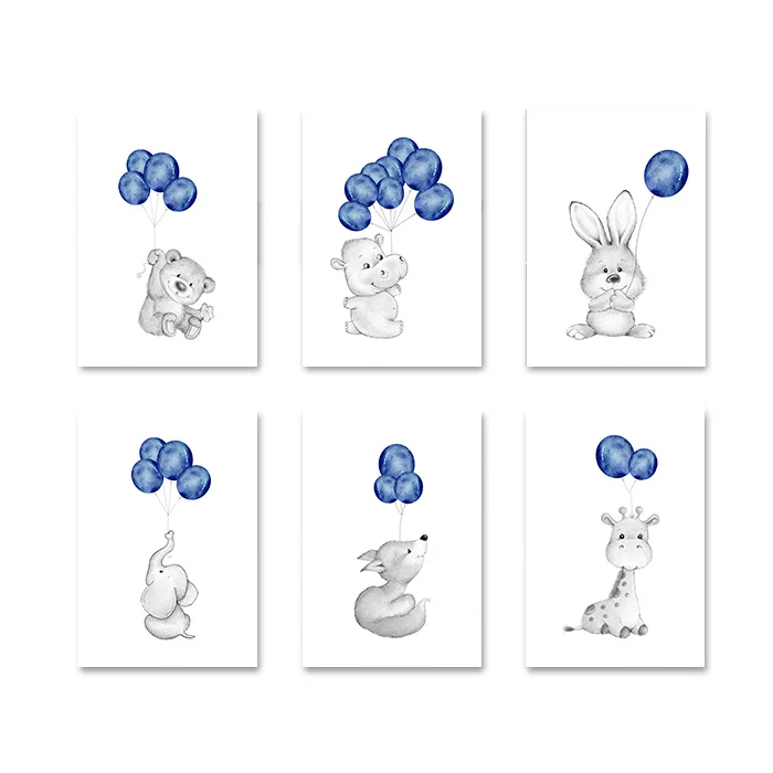 6 pcs Set Animal Balloon Picture Baby Nursery Wall Art Canvas Child Poster Bunny Elephant Print Painting Nordic Kid Bedroom Decoration - Цвет: 6 pcs Set