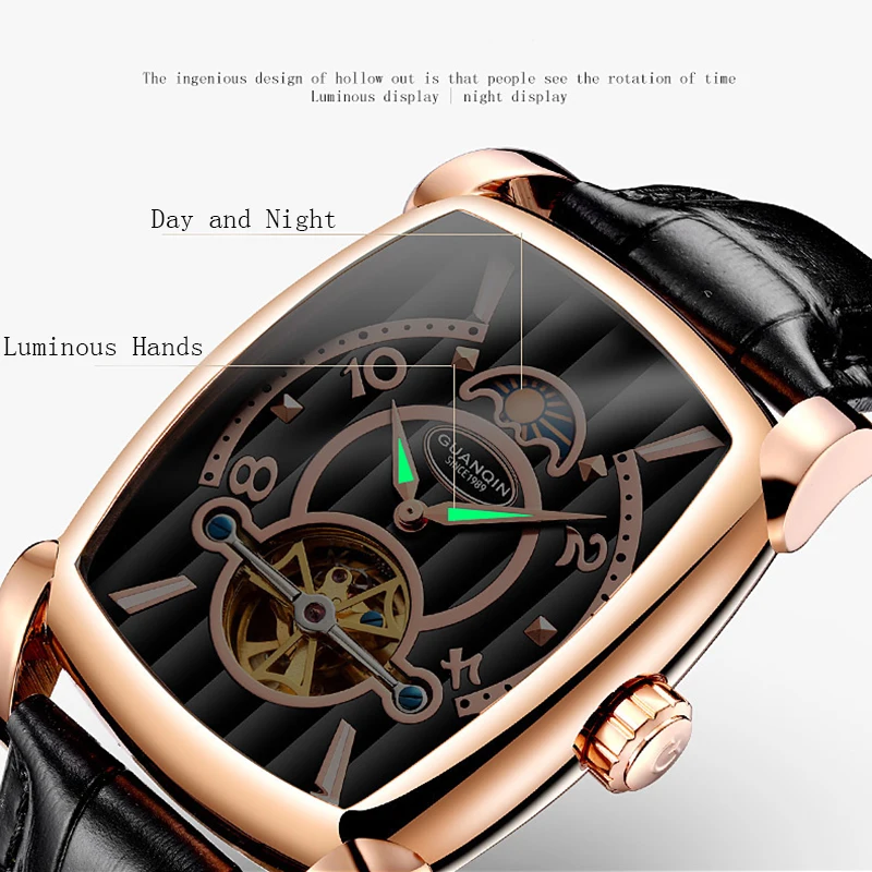 Часы скелетоны GUANQIN модные автоматические часы Tourbillon Мужские светящиеся кожаные