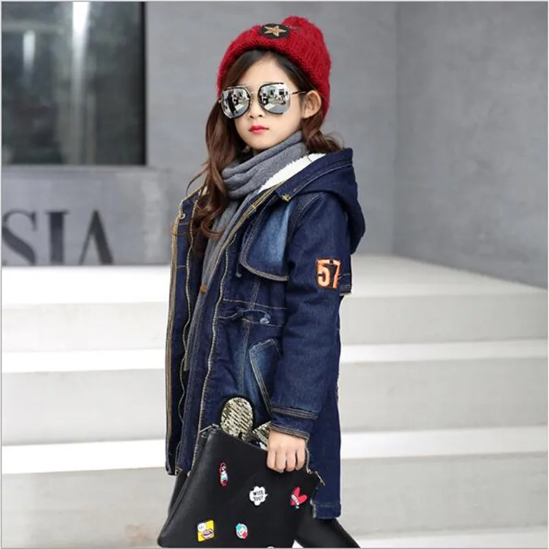 Новинка 2019 года зимняя детская джинсовая куртка для девочек утепленная