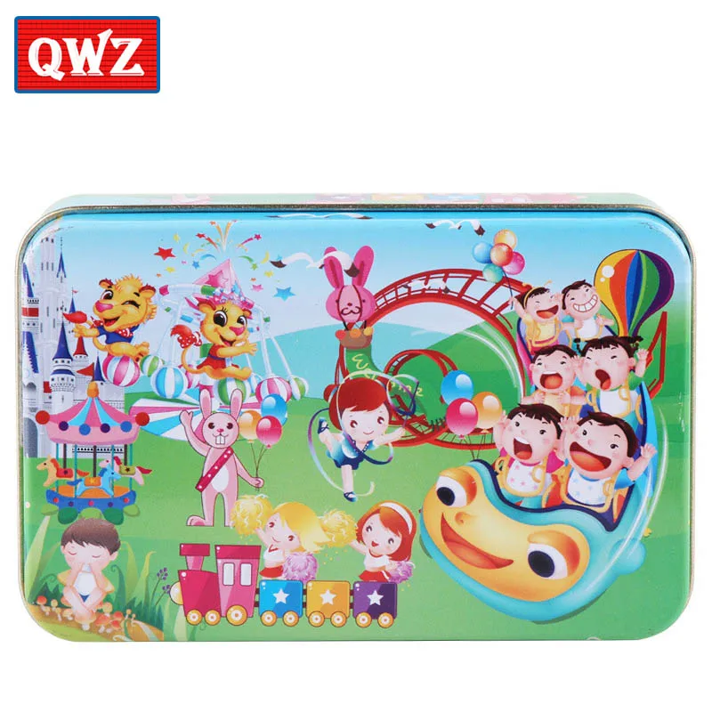 QWZ 60 шт. 3D DIY деревянные головоломки обучающая игрушка милая головоломка железная коробка Мультяшные персонажи животные Раннее Обучение для детей Подарки