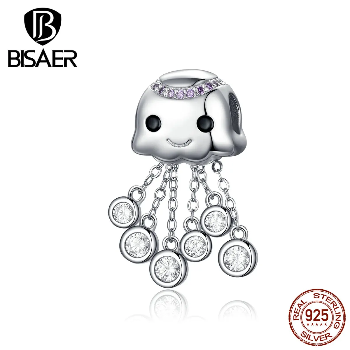 Bisaer,, Стерлинговое Серебро, 925, милые осьминог, Детские амулеты, циркон, кисточка, подходят для Панов, браслеты и ожерелья, сделай сам, аксессуары HVC081