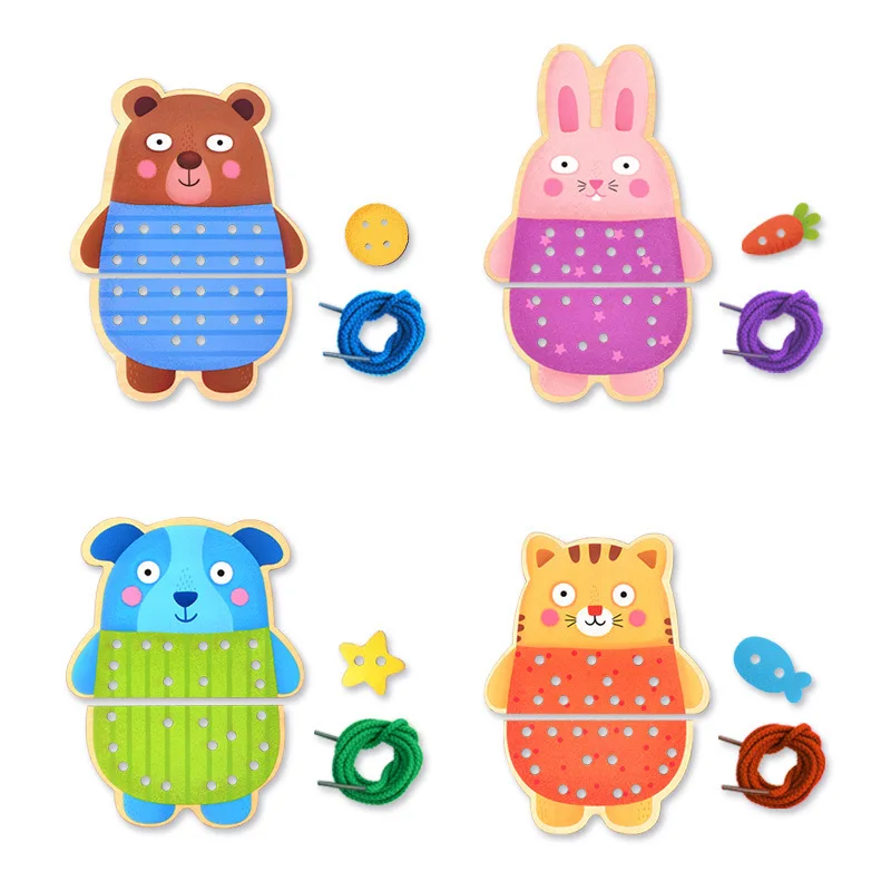 Животные шнуровка карты деревянная игрушка носить кнопку основные и жизненные