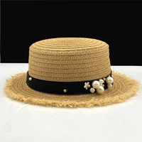 lovely flat top straw hat summer spring womens trip caps leisure pearl beach sun hats black breathable fashion flower girl hat