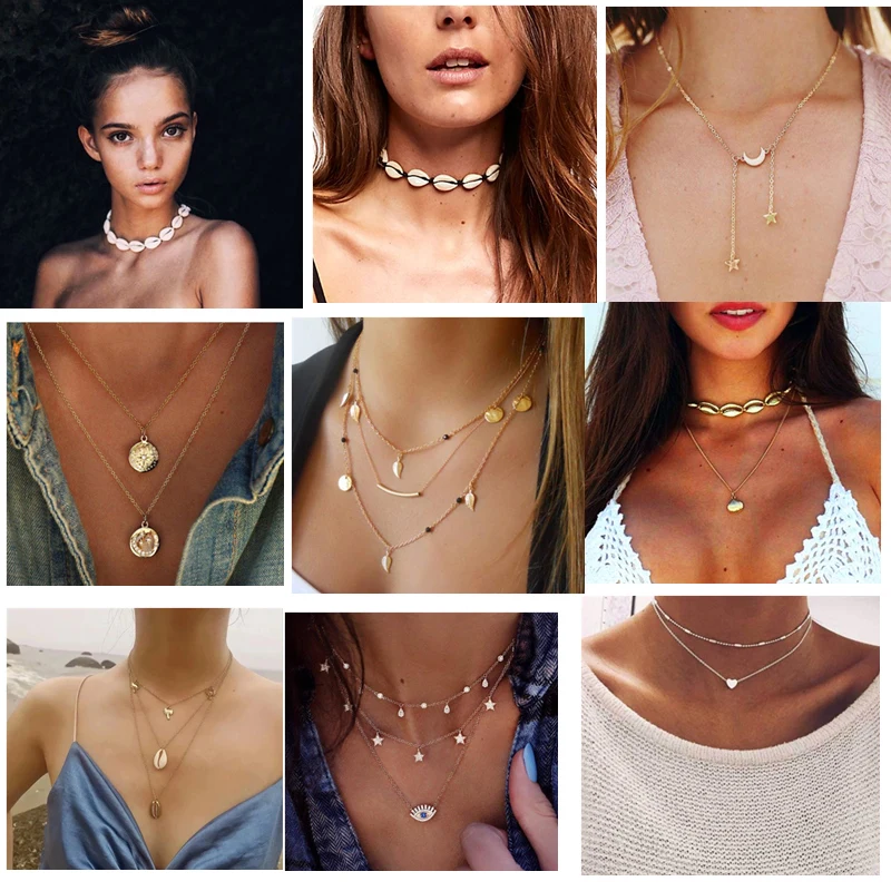 Модное Колье чокер для женщин золотого цвета многоцветная Подвеска со слоями