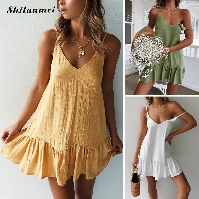 

Spaghetti Strap Women Mini Beach Dress Straight Dress Sexy V Neck Ruffle Cotton 2019 Solid Loose Casual Sleeveless Sundress