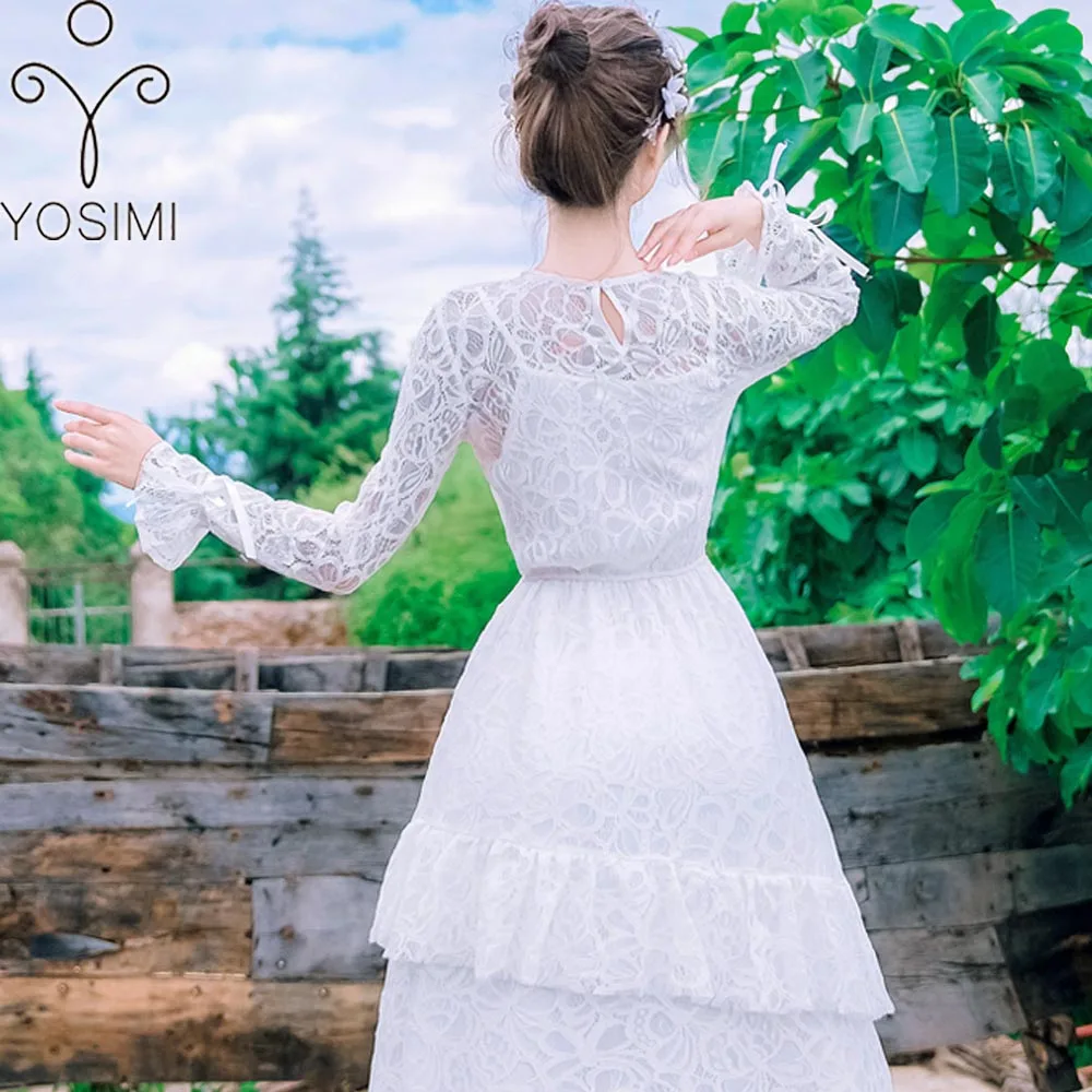 2019 spring Summer Maxi Elegant Lace Embroidery Long Women Dress White Evening Party Tunic Fairy Mid-Calf O-neck Beach | Женская одежда