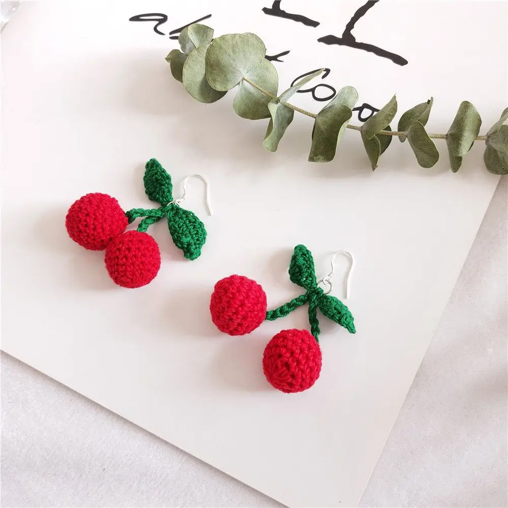 Милые вязаные вишневые серьги из шерстяной пряжи в виде фруктов для женщин и