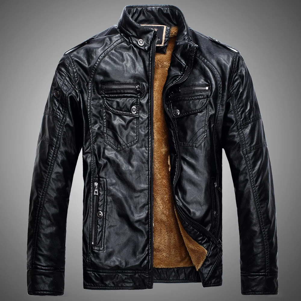 New Fleece Pu Leather Jacket Men Stand Collar Solid Punk Outerwear Motor Biker Overcoats Large Size Male Jackets | Мужская одежда