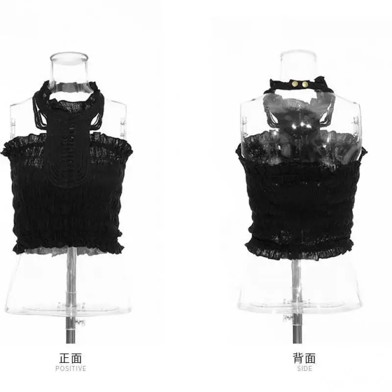 Женский укороченный топ с оборками GETSPRING черный хлопковый без рукавов открытыми