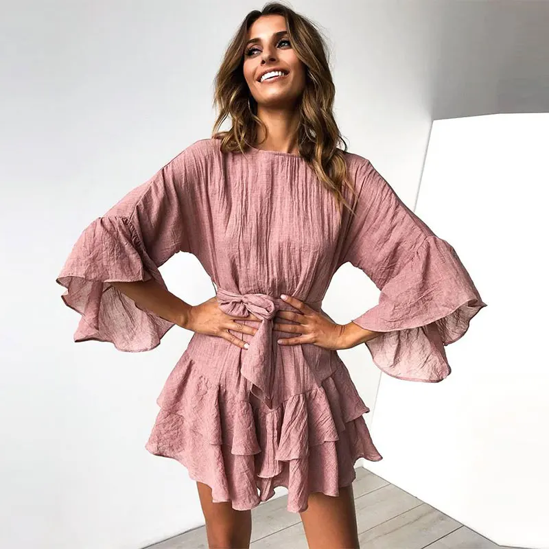 Summer Dress New Women Sweet Pleated Fashion Solid Petal Sleeve Trend O-Neck Three Quarter | Женская одежда
