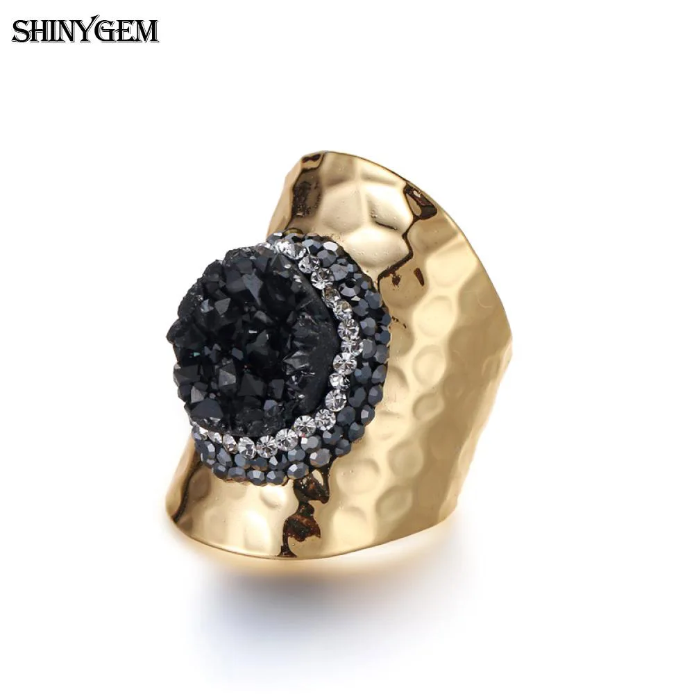 Black Кольца на палец с золотым покрытием ShinyGem Druzy, сверкающие кольца с нестандартными радужными кристаллами, большие кольца с натуральным камнем для женщин - Цвет основного камня: Black