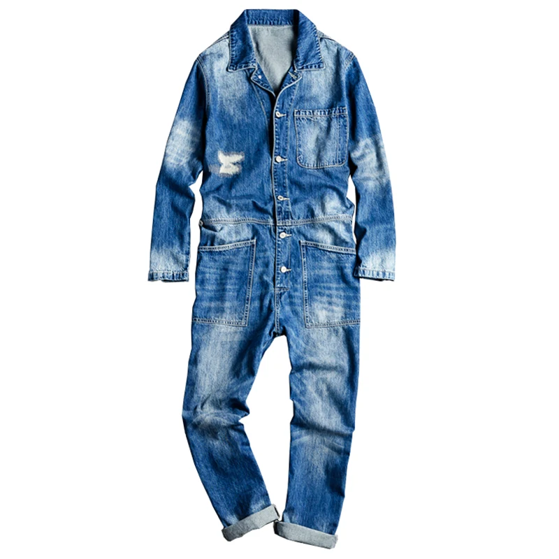 Sokotoo Men's long sleeve patchwork ripped denim jean jumpsuits Loose hip hop coveralls Youth overalls