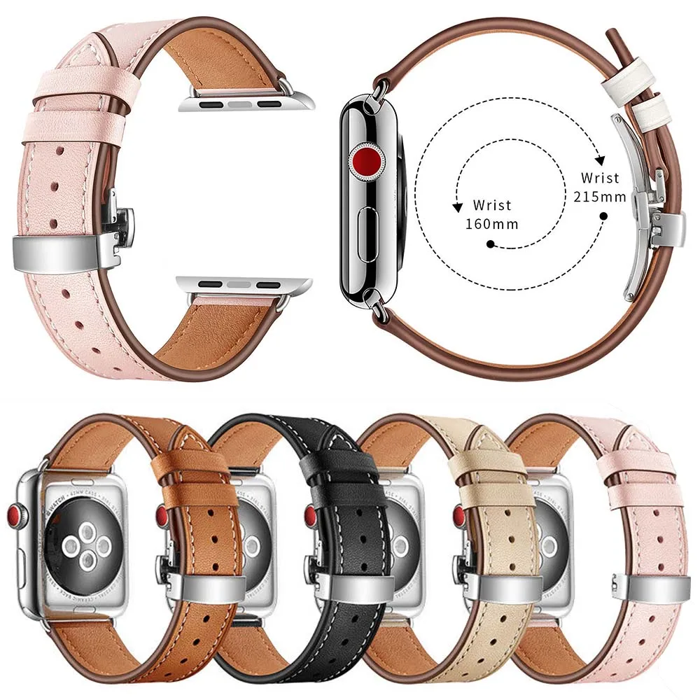 

For Apple Watch SE Band Series 6 5 4 3 Butterfly Buckle Genuine Leather Strap for iWatch 40mm 44mm 38mm 42mm Bracelet Belt