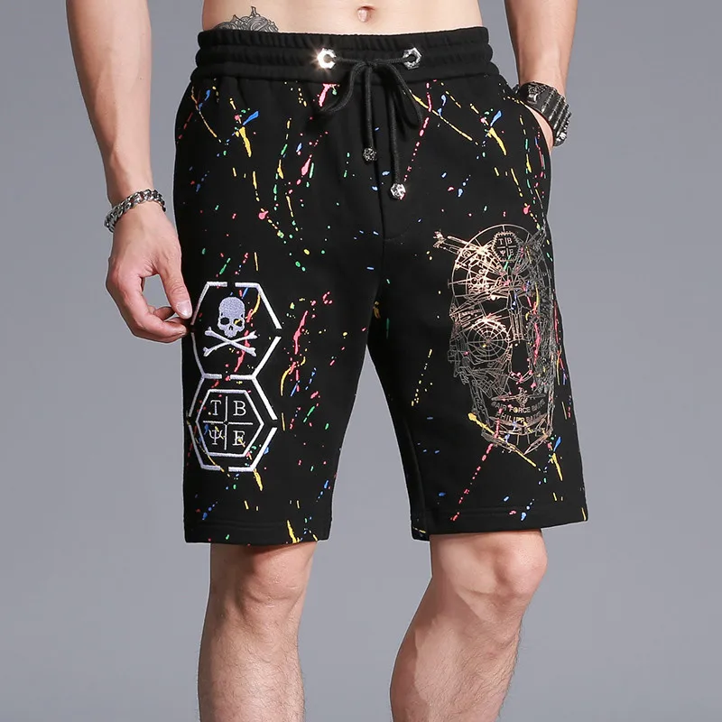 Шорты мужские хлопковые прямые до колен с принтом черепа на молнии|short trousers|shorts
