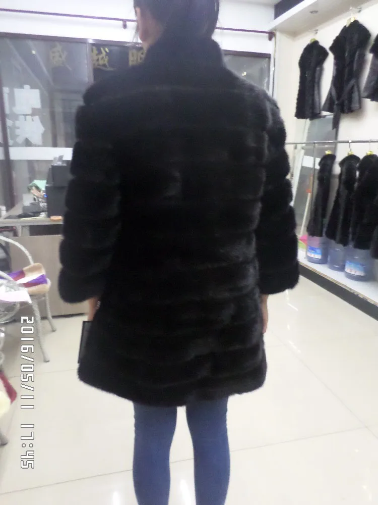 Linhaoshengyue The True of 90CM    Long Real Nature Mink Fur Coat Womem Mink Fur Long Coat 50cm Sleeve