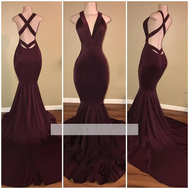 

Floor Length Burgundy Mermaid Prom Dresses 2020 Sexy V-neck Straps Satin Backless African Black Girl Long Prom Dress Gowns