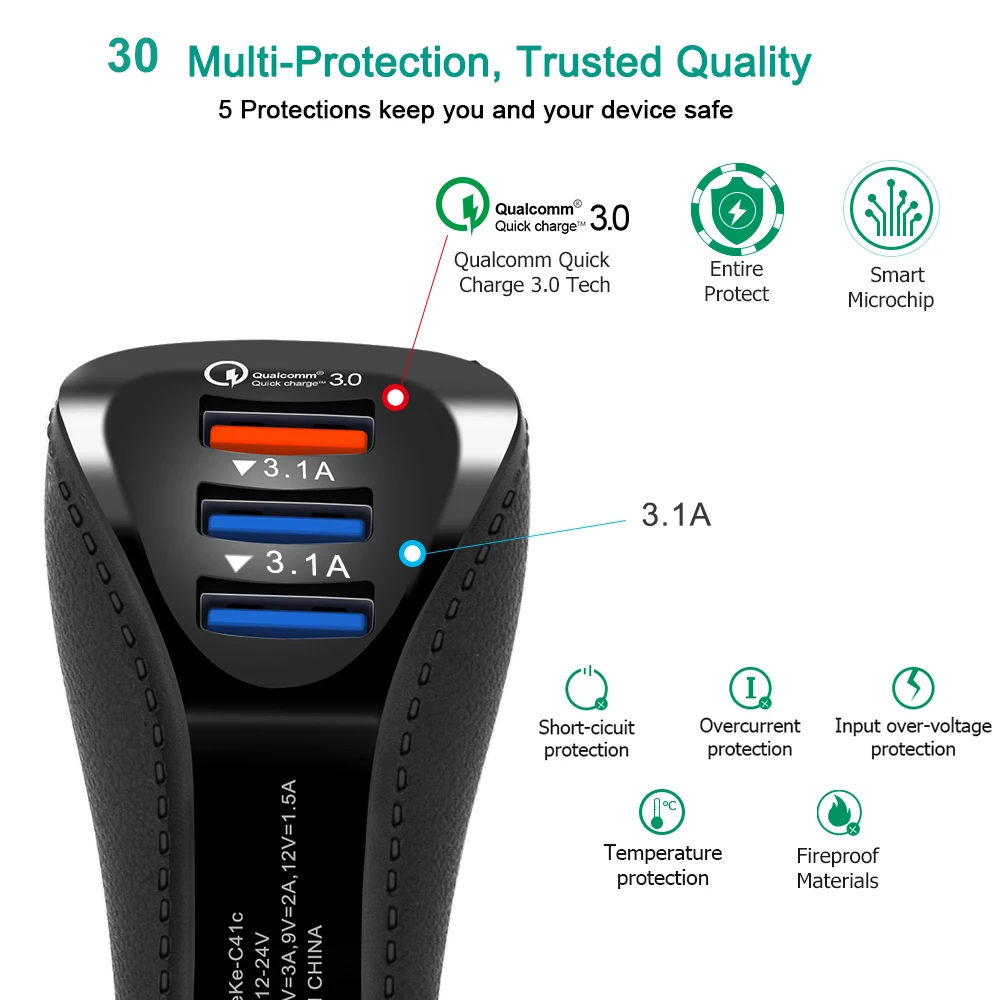 QC 3 0 быстро Зарядное устройство 3.1a USB двойной Порты и разъёмы автомобиля C Тип Android