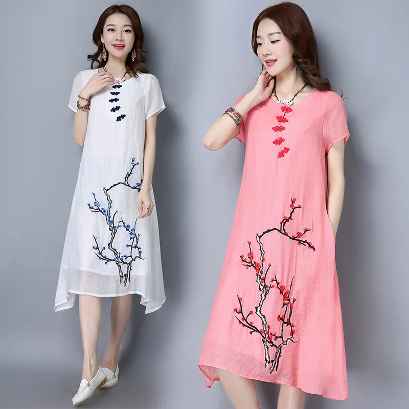 2017 New Style Summer Dress Women Chinese Retro Button Short Sleeve Fashion Girl National Wind Embroider Loose | Женская одежда